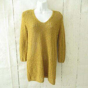 J Jill Sweater XS X Small Mustard Yellow Open Knit Pullover Tunic V Neck
